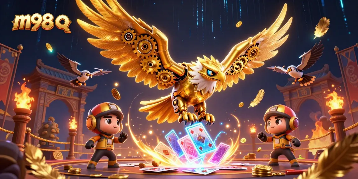 Dive into m98 q gaming with a cybernetic eagle navigating holographic cards in a vibrant casino scene.