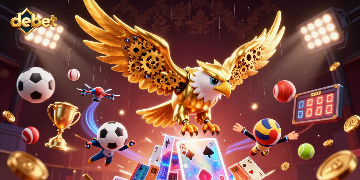 Experience thrilling sports betting with debet, featuring a golden eagle in an energetic casino scene.