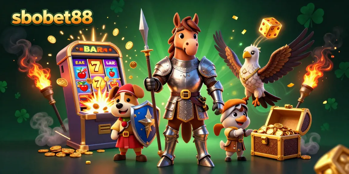 Engage with sbobet88's dynamic gaming experience featuring colorful slot machines and vibrant characters.