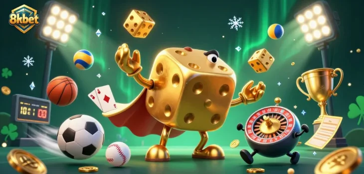 Experience thrilling gaming action at 8xbet with vibrant golden dice and dynamic sports elements.