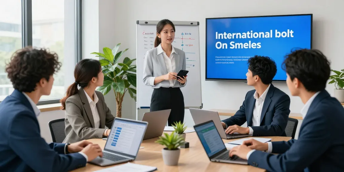 Team discussing international bolt on benefits in a modern office environment, showcasing collaboration and business mobile solutions.