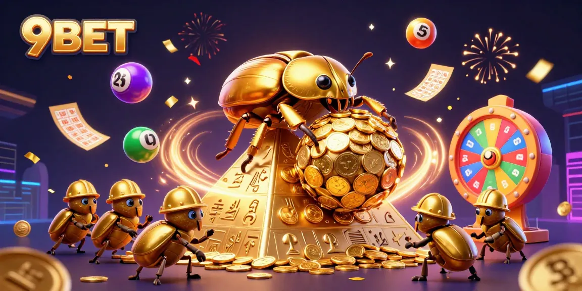 Experience exhilarating gaming with 9BET as a golden beetle rolls coins amidst dynamic lottery elements.
