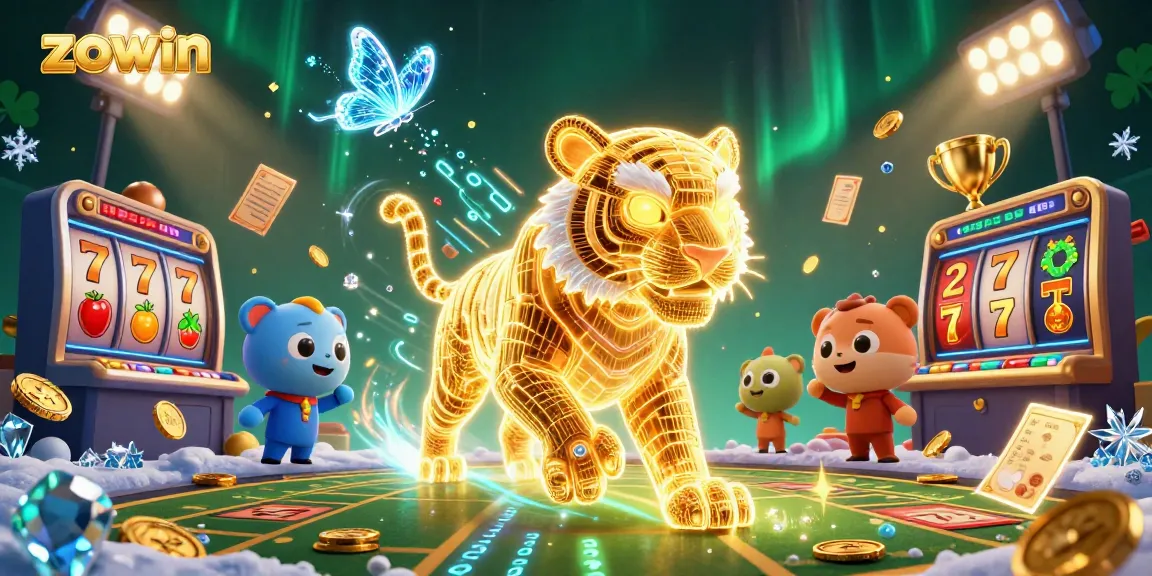 Zowin offers thrilling gaming experiences with vibrant visuals of a neon tiger and dynamic casino elements.