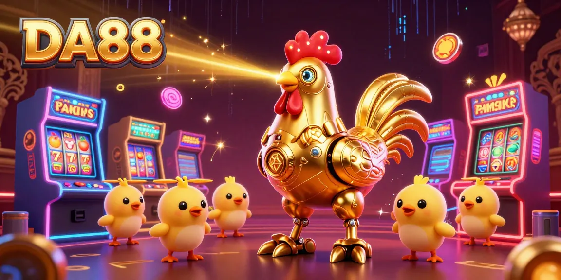 Engage with DA88, a vibrant casino world featuring a golden rooster robot, baby chick drones, and thrilling slot elements.