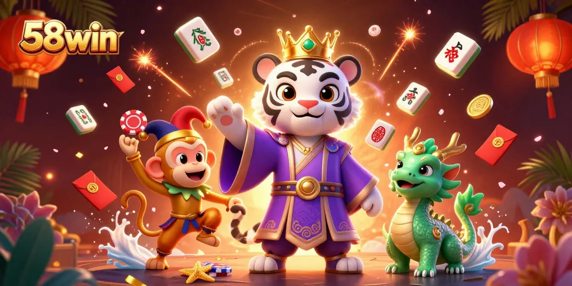 Experience the excitement at 58win while the cartoon tiger, monkey, and jade dragon play in vibrant casino chaos.