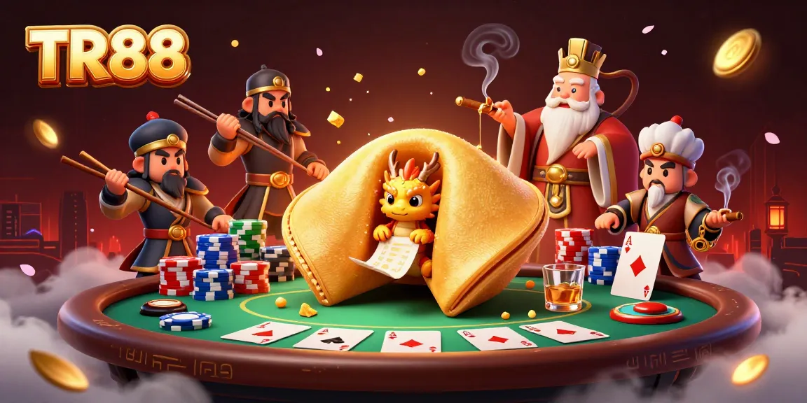 Experience casino excitement with TR88 showcasing a golden fortune cookie, poker elements, and vibrant visuals.