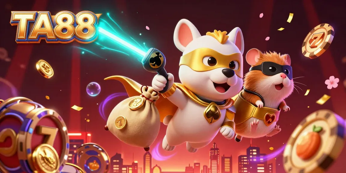 Experience thrilling casino entertainment with TA88 through a vibrant 3D illustration of gaming action.