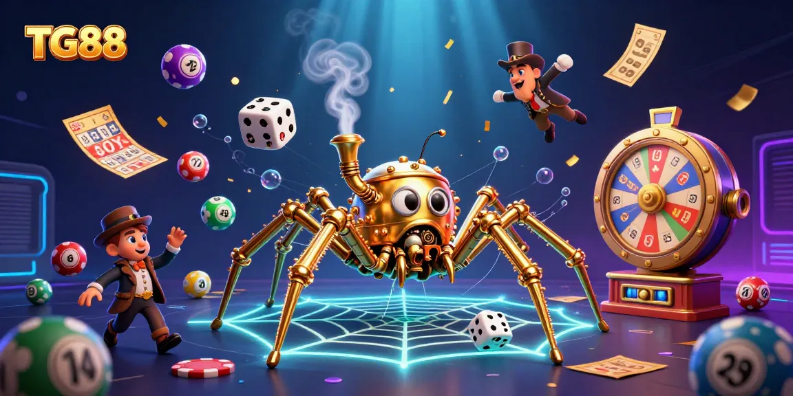 Engage with the thrilling world of TG88 as a steampunk spider web entangles dice, showcasing lottery excitement.
