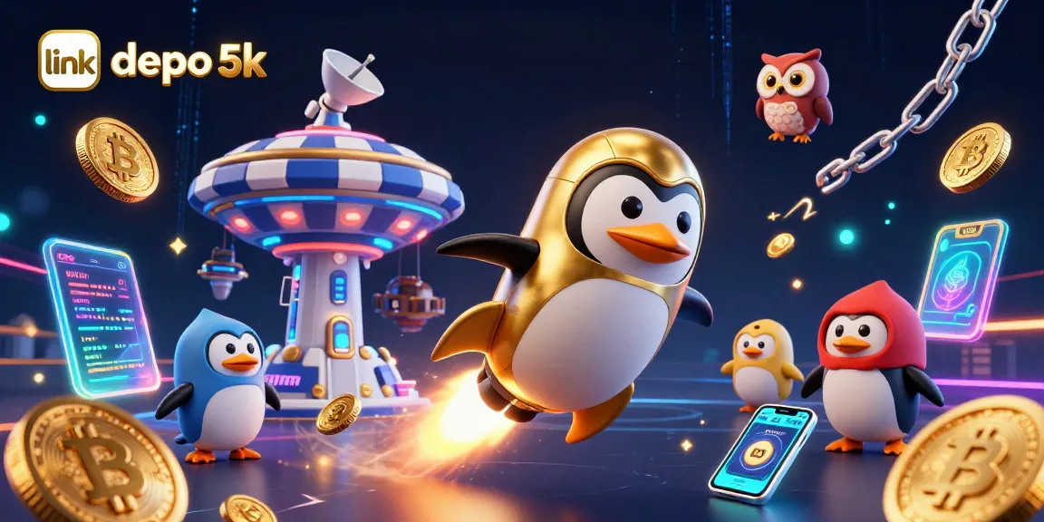 Engage with link depo 5k as a penguin blasts through space toward a casino, surrounded by crypto elements.