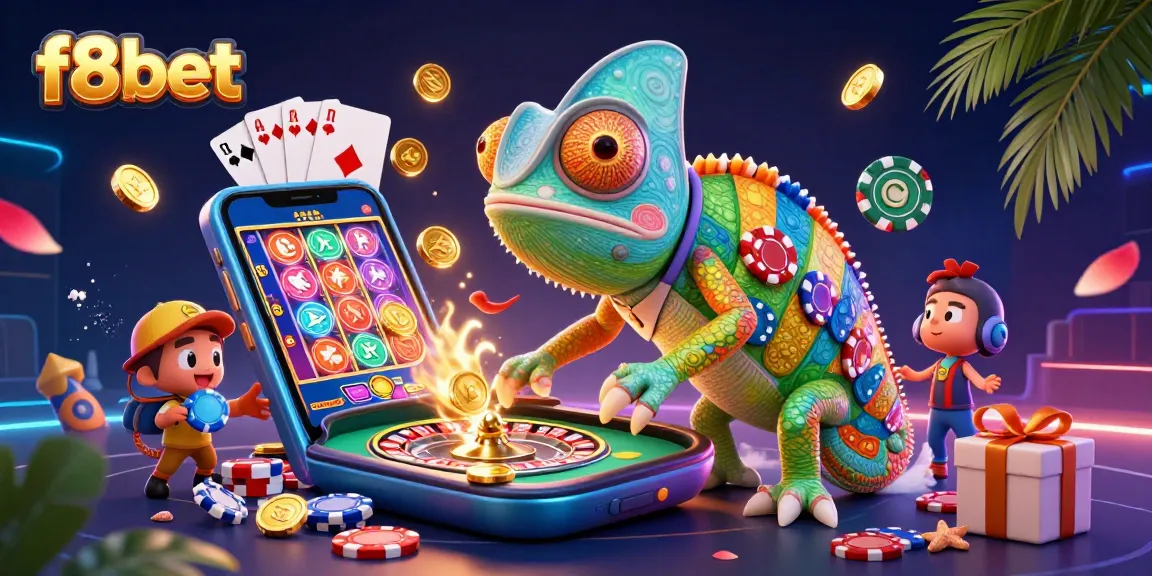 Experience fun at f8bet with a dynamic 3D casino scene featuring games and rewards.