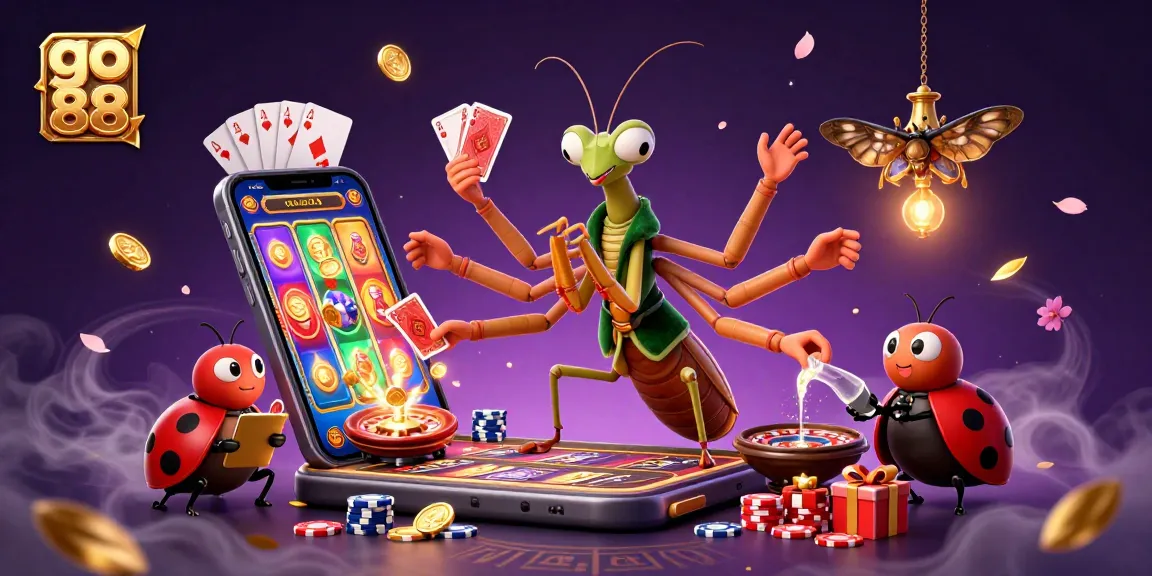 Engage with go 88 in this vibrant casino scene featuring a praying mantis card dealer, enchanting ladybug pit boss, and dynamic game elements.