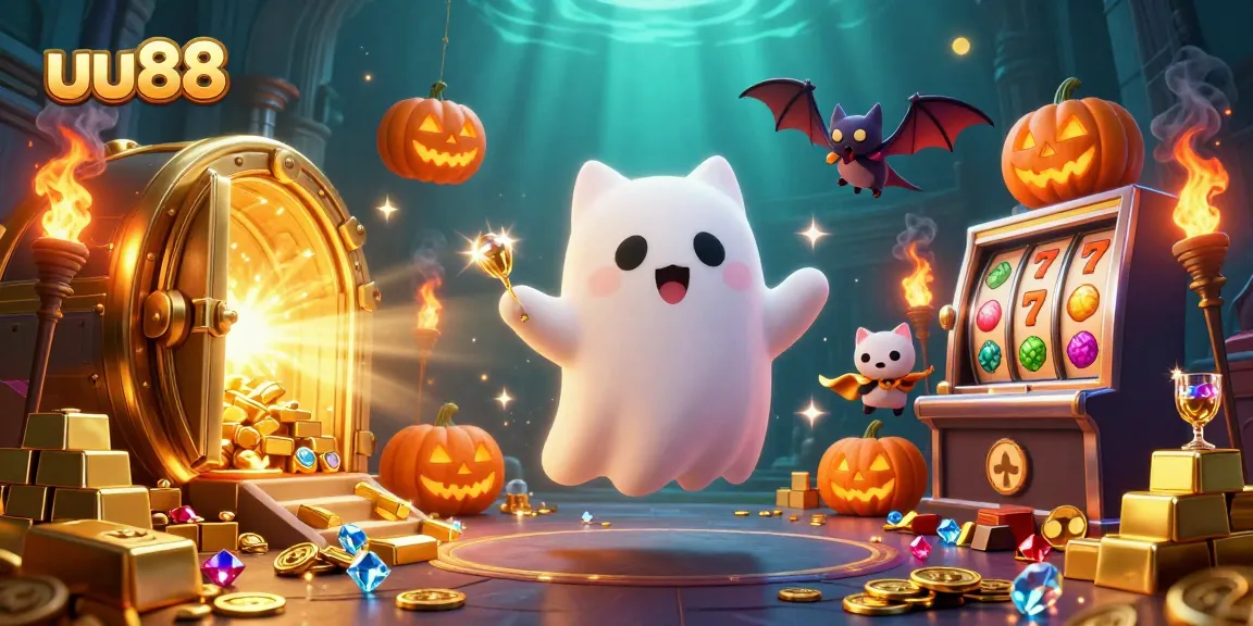 Engage with uu88 as a friendly ghost cat navigates a vibrant casino scene full of slot machines.