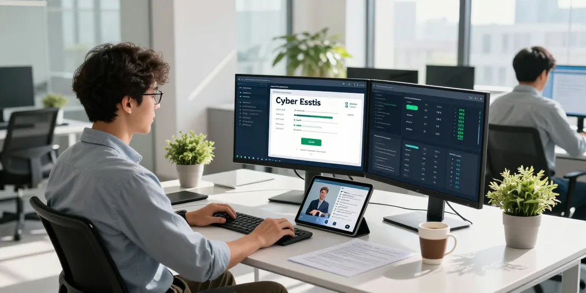 Cyber essentials managed service in a modern office with professionals collaborating on security projects.