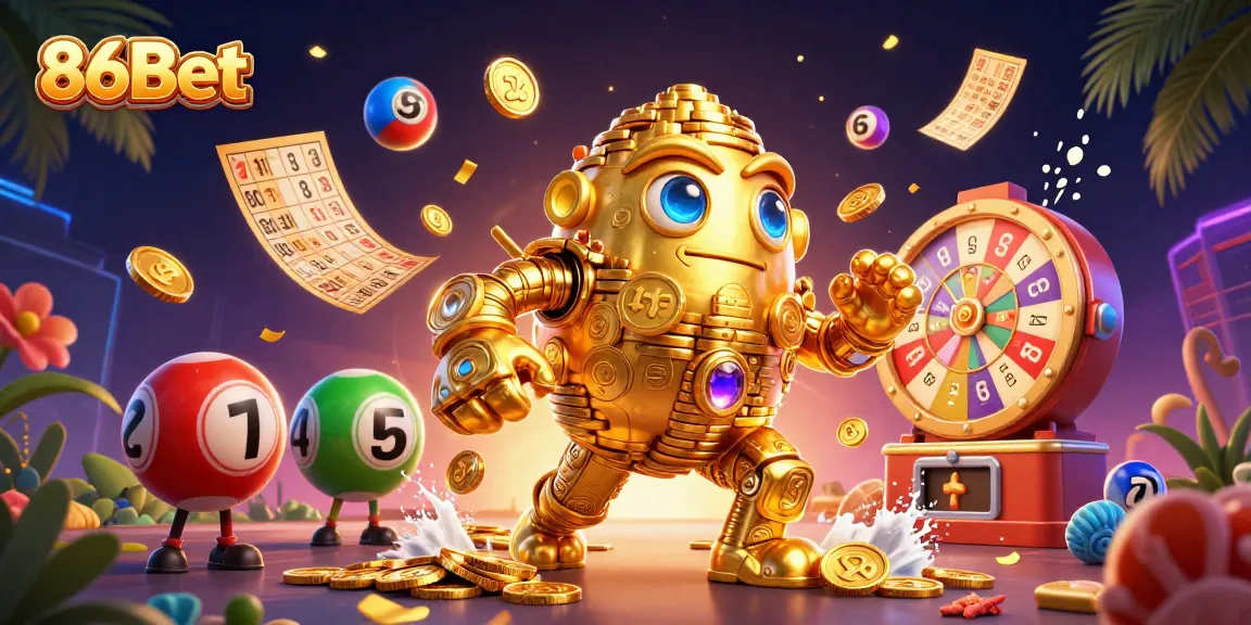 Engage with 86Bet's golden golem amidst a vibrant casino scene filled with exciting lottery elements.