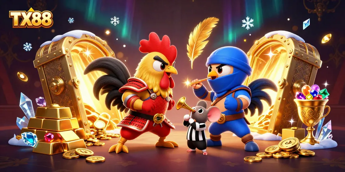 Witness TX88 as fighting roosters duel in an epic casino-themed showdown amidst treasure!