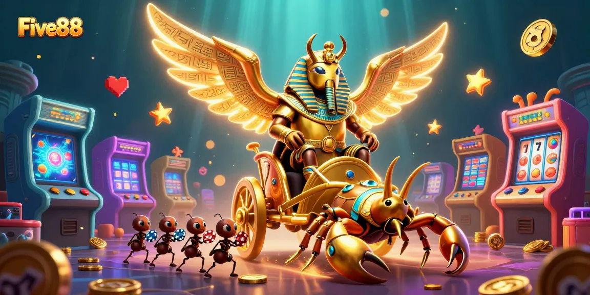 Experience Five88's vibrant casino scene with a golden beetle chariot and slot game action.