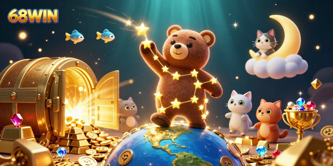 Experience thrilling wins at 68WIN with cosmic characters collecting riches in this captivating casino-themed illustration.