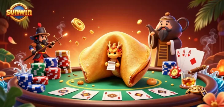 Experience thrilling gameplay at sunwin with a vibrant casino illustration showcasing poker action and golden fortunes.