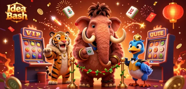 Experience the vibrant energy of Idea Bash as the woolly mammoth checks IDs at a lively casino.