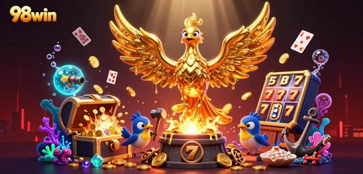 Engage with 98win's thrilling casino adventures in a vibrant 3D illustration full of gold and excitement.