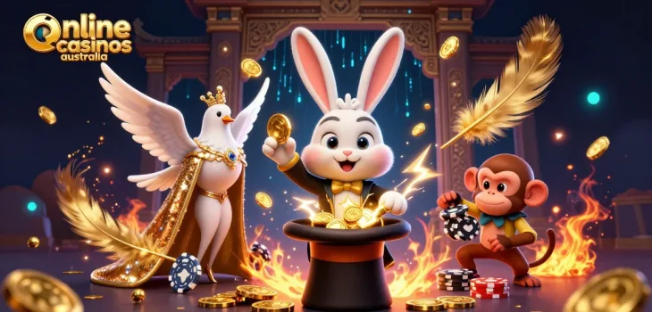Experience the thrill at online casinos Australia with a cartoon magician, dove, and monkey in action.