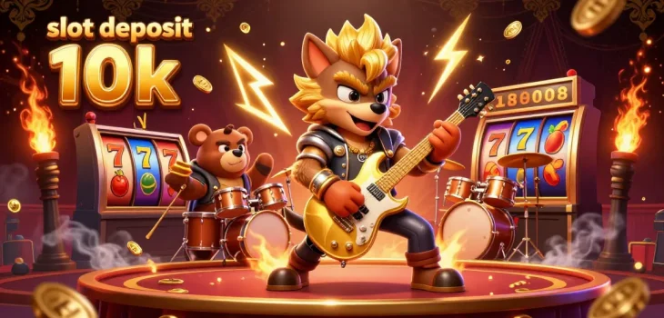 Experience excitement with slot deposit 10k in a vibrant casino, featuring animated characters, slot reels, and golden elements.