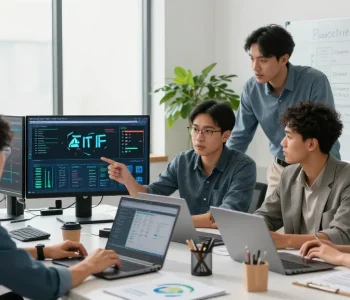 Dynamic team collaborating on IT support for businesses with laptops and monitoring dashboards in a professional office.