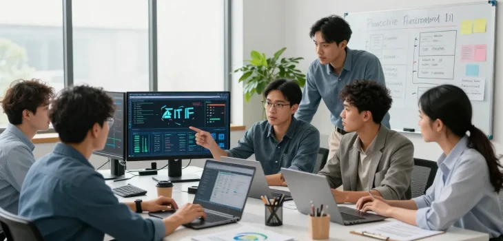 Dynamic team collaborating on IT support for businesses with laptops and monitoring dashboards in a professional office.