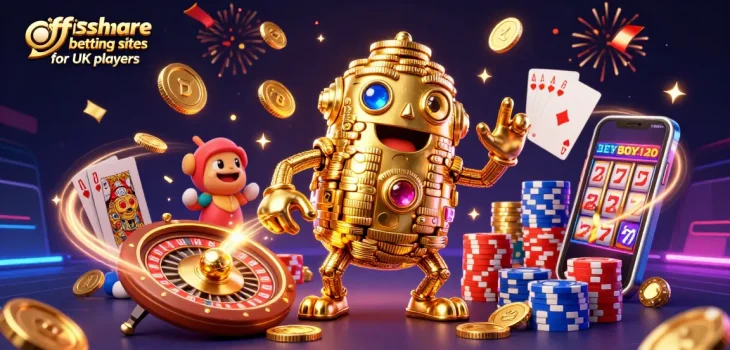 Engage with offshore betting sites for UK players featuring a golden golem, roulette, and slot reels.