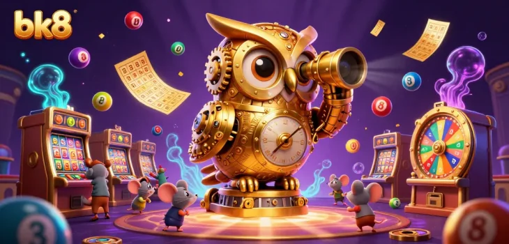 Experience thrilling gaming action at bk8, where a clockwork owl surveys an exciting casino floor filled with vibrant game elements.