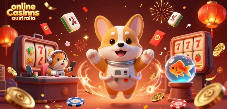 Engage in online casinos Australia with vibrant space-themed casino action featuring a corgi astronaut.