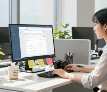 展示使用搜狗输入法官网的年轻女性在现代办公桌前专注工作，周围环境明亮且富有创意。