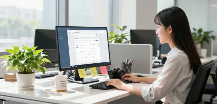 展示使用搜狗输入法官网的年轻女性在现代办公桌前专注工作，周围环境明亮且富有创意。